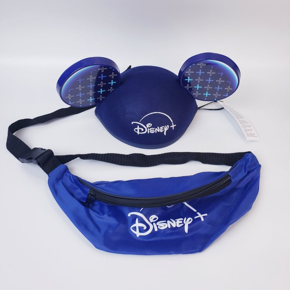 Disney+ Plus Mickey Ear Hat and Lightweight Summer Tour Blue Fanny Pack New